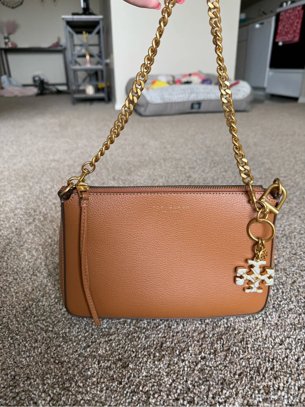 Tory Burch Brown Pebbled Leather Crossbody with Gold Chain